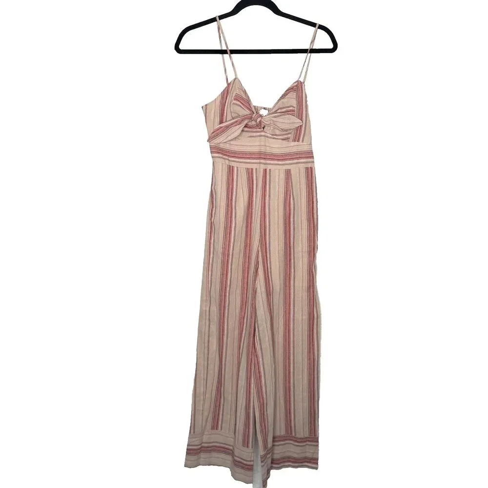 Revolve J.O.A. Striped Linen Tie Front Wide Leg Jumpsuit XS Euro Summer Cottage